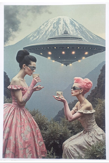 Pink Flamingo by Lu Lu Deluxe NZ A4 art print featuring two elegant retro women having tea beneath a hovering UFO and mountain backdrop
