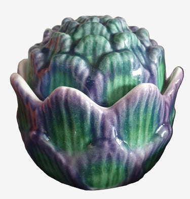 Mid-century Portuguese artichoke-style ceramic condiment jar with green and purple glaze, Planet Retro NZ