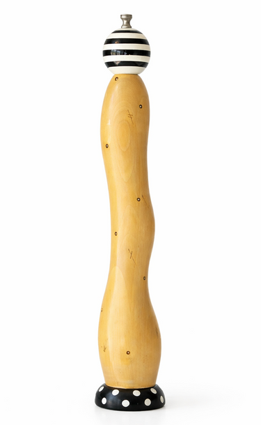 Tall postmodern wooden pepper mill by Robert Wilhelm Raw Design USA striped top polka dot base sculptural design