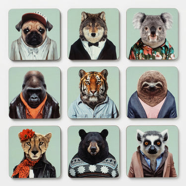 Set of nine square preppy animal fridge magnets featuring a pug, wolf, koala, gorilla, tiger, sloth, cheetah, bear and lemur