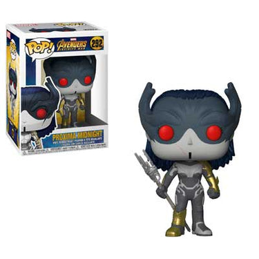 Funko Pop Vinyl figure of Proxima Midnight from Marvel's Infinity War, wearing a gray and black outfit with red eyes, holding a blade.