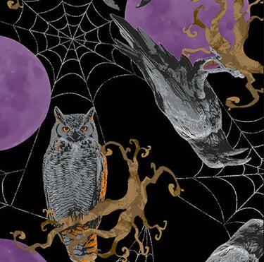 Purple Moon - Owls Ravens Bats cotton fabric print at Planet Retro NZ