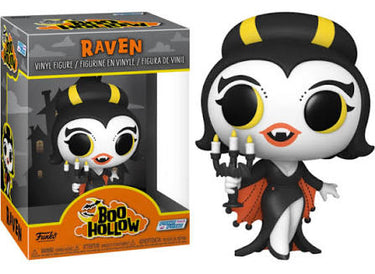 Funko Boo Hollow Raven vinyl figure shown next to its retail box on a plain white background. The figure has a stylized vampire-raven appearance with black and white coloring, yellow hair accents, orange lips, and a black-and-orange dress, holding a black candelabra.