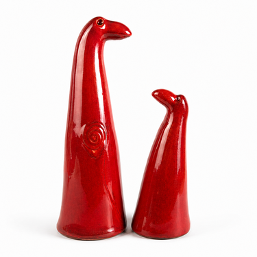 Red ceramic bird sculptures pair mid century style decor