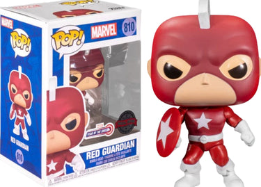 A Funko Pop Vinyl figure of Marvel's Red Guardian, wearing a red costume with a white star and packaging.