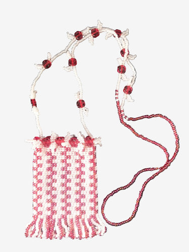 Red and white seed bead amulet pouch necklace with tassel fringe