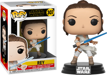 Star Wars Funko Pop Rey #307 vinyl figure shown with original box, holding a blue lightsaber and wearing her white outfit on a black display base.