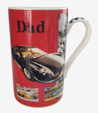 Canister labeled 'Dad' with images of a car on a white surface