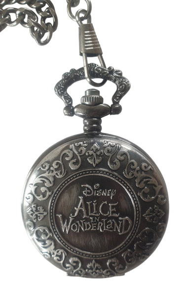 Decorative pocket watch with 'Alice in Wonderland' text on a white background