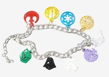 Bracelet with various colored charms on a gray surface