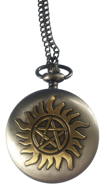 Bronze pocket watch with Supernatural fiery sun and pentagram design on a white background