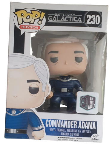 Funko Pop! vinyl figure of Commander Adama from Battlestar Galactica with packaging on a white surface.