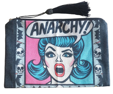Pouch with graphic design of a woman's face and 'Anarchy!' text on a wooden surface
