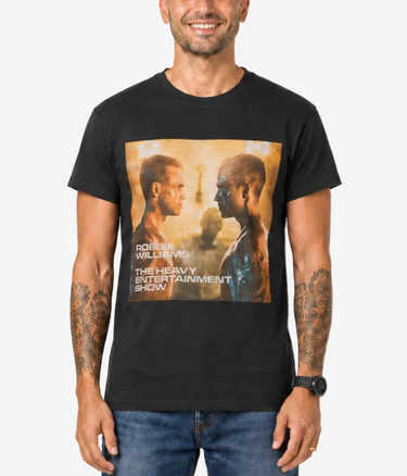 Black Robbie Williams Heavy Entertainment Show 2018 tour t-shirt with front graphic and Australasian tour dates on the back.
