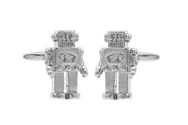 Pair of robot-shaped silver cufflinks on a white background