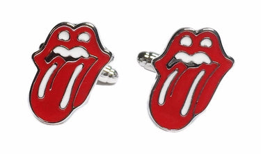 Rolling Stones Mick Jagger lips cufflinks silver tone novelty accessory close up on white background