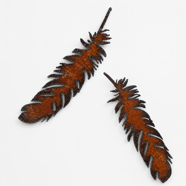 Pair of rustic steel feather wall décor pieces with weathered industrial finish displayed together.