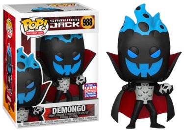 A Funko Pop Vinyl figure of Demongo from the TV Series Samurai Jack, with blue accents on the character, wearing a black outfit with a red cape.
