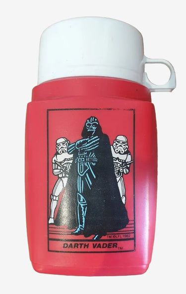 Red thermos with Darth Vader design on a white background