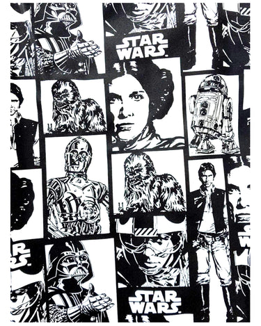 Overall pattern of Star Wars Heroic Rebels black and white cotton fabric featuring Darth Vader, Princess Leia, Han Solo, Chewbacca and droids