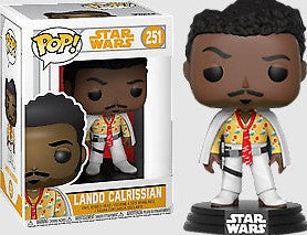 Funko Pop Vinyl figure of Lando Calrissian from Star Wars, wearing a white and yellow outfit with a red tie, on a black background with the figure's packaging visible.