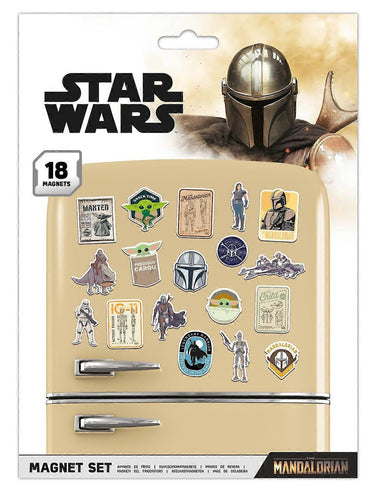 Star Wars Mandalorian 18 piece fridge magnet set with characters and symbols