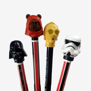 Vintage Star Wars pencil toppers set featuring Darth Vader, C-3PO, Stormtrooper and Ewok heads