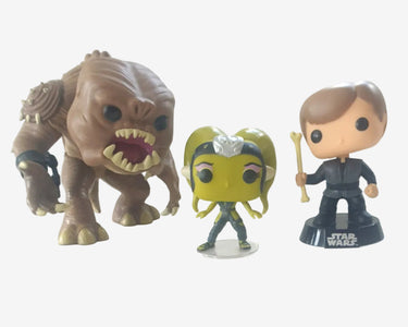 Star Wars Rancor, Luke Skywalker and Oola Pop Vinyl figures from the 2016 vaulted set displayed together