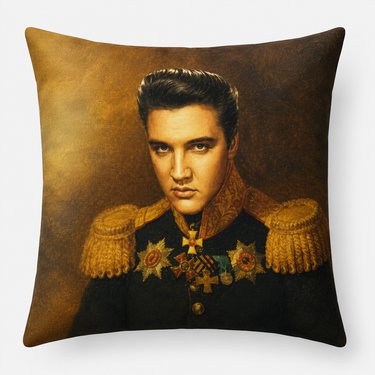 Steampunk Military Elvis cushion cover featuring a vintage-style Elvis portrait in ornate military-inspired uniform with gold detailing.