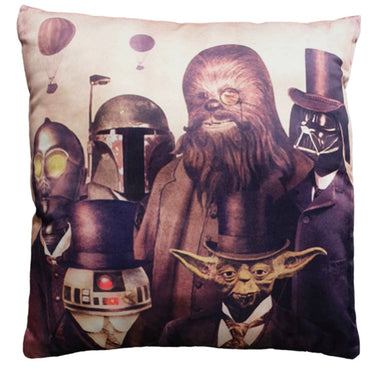 Steampunk style Star Wars character cushion cover featuring Darth Vader, Chewbacca, Yoda, C-3PO, R2-D2 and Boba Fett in Victorian gentleman clothing