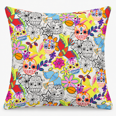 Sugar Skulls & Birds handmade cushion cover front studio image with colourful sugar skulls, birds and flowers
