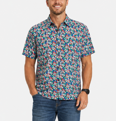 Super Mario Brothers men’s short sleeve button-up shirt with all-over Mario and Luigi print