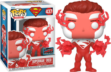 A Funko Pop vinyl figure of Superman in red costume, designated #437, with a 2022 Fall Convention Limited Edition sticker.
