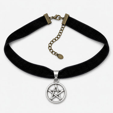 Black velvet Supernatural pentacle choker necklace with silver-tone pendant and antique chain extension