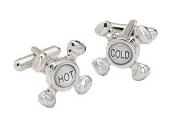 Silver cufflinks with 'Hot' and 'Cold' labels on a white background
