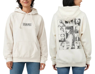 A model shown from the front and back wearing an off-white hooded sweatshirt. The front features the text 'TAYLOR SWIFT THE TOUR 2024' printed in black on the left chest, and the back features a large black-and-white graphic collage of Taylor Swift photos.