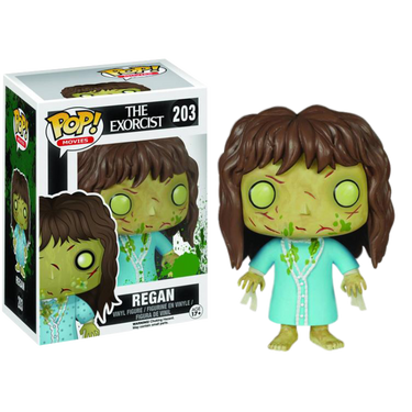 Funko Pop! Movies The Exorcist vinyl figure of Regan, number 203, shown next to its retail box on a plain white background.