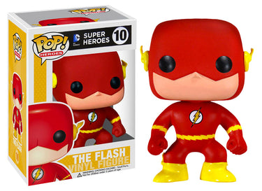 Funko Pop Vinyl figure DC Comics Super Heroes - The Flash #10 with red costume and gold accents, packaged in a window display box indicating the number 10 and the name of the character.