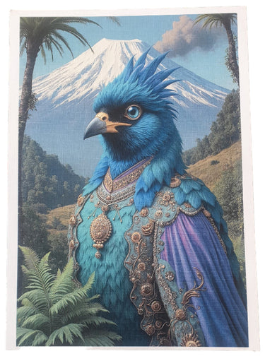The Vigil by Lu Lu Deluxe NZ A4 art print featuring a vivid blue bird portrait with mountain and fern details