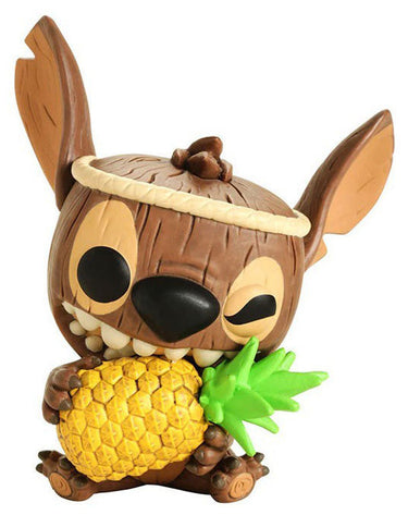 A Funko Pop! vinyl figure of Stitch dressed as a coconut, holding a pineapple. The figure features a textured brown coconut body, a beige rope headband, large black eyes, and a yellow pineapple with green leaves in its mouth, set against a plain white background.