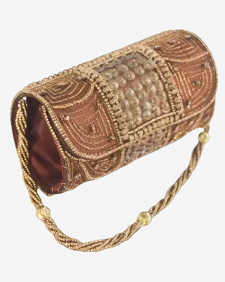 Tiny bronze beaded cylinder clutch bag with wrist strap at Planet Retro NZ.
