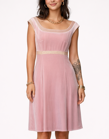 Trelise Cooper pink velvet dress with gold trim New Zealand designer fashion