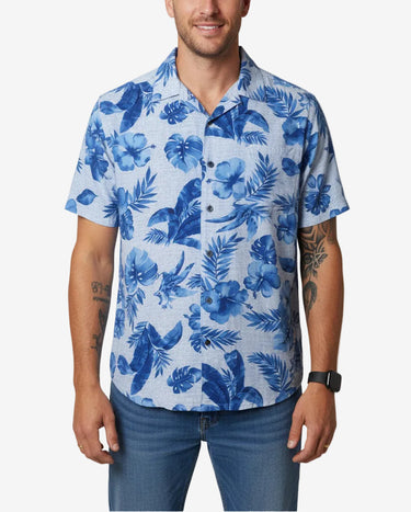 Tropical blue hibiscus Hawaiian-style shirt by George with palm and monstera leaf print, size 2XL.