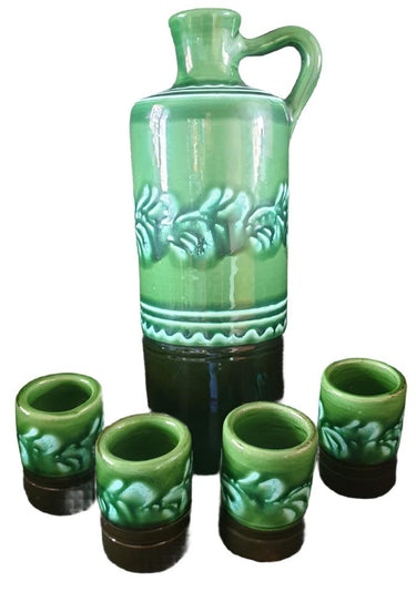 Vintage 1970s European pottery jug and cups set with matching glaze, part of Planet Retro NZ’s mid-century ceramics collection.