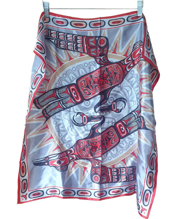 Vintage 1989 Aztec Thunderbirds Tony Paine scarf featuring bold red and black thunderbird design on silk square scarf