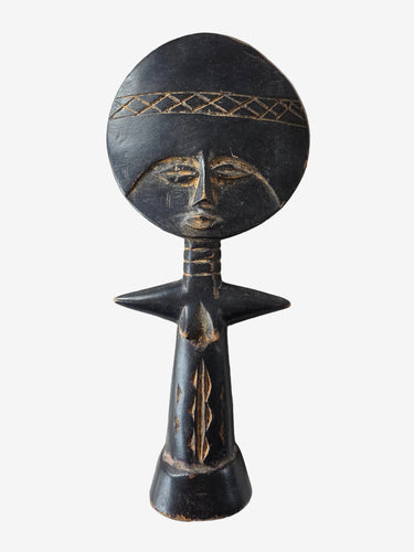 Vintage Akuaba style hand-carved wooden fertility figure with black painted finish.