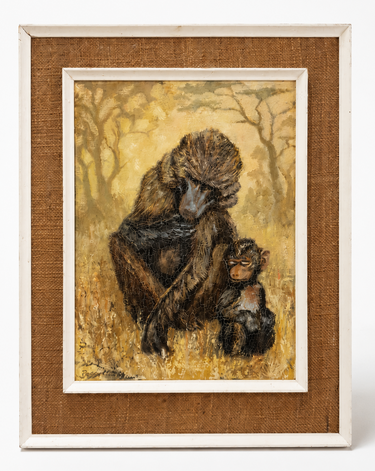 Vintage framed oil painting of a mother and baby baboon in warm earthy tones