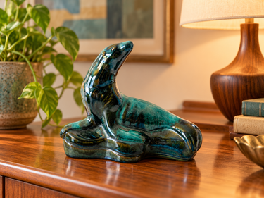 Vintage green Blue Mountain Pottery seal on rock sculpture displayed on wooden sideboard in a mid-century interior, AI-generated lifestyle image