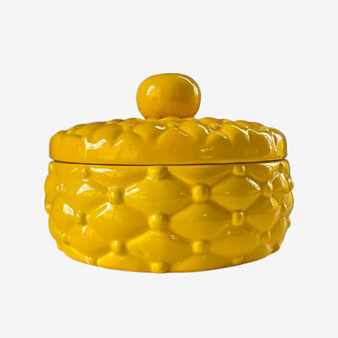 Vintage 1979 mustard yellow ceramic quilt-pattern trinket dish with lid.