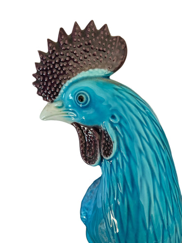 Vintage Chinese ceramic rooster with glossy turquoise glaze and raised feather detail